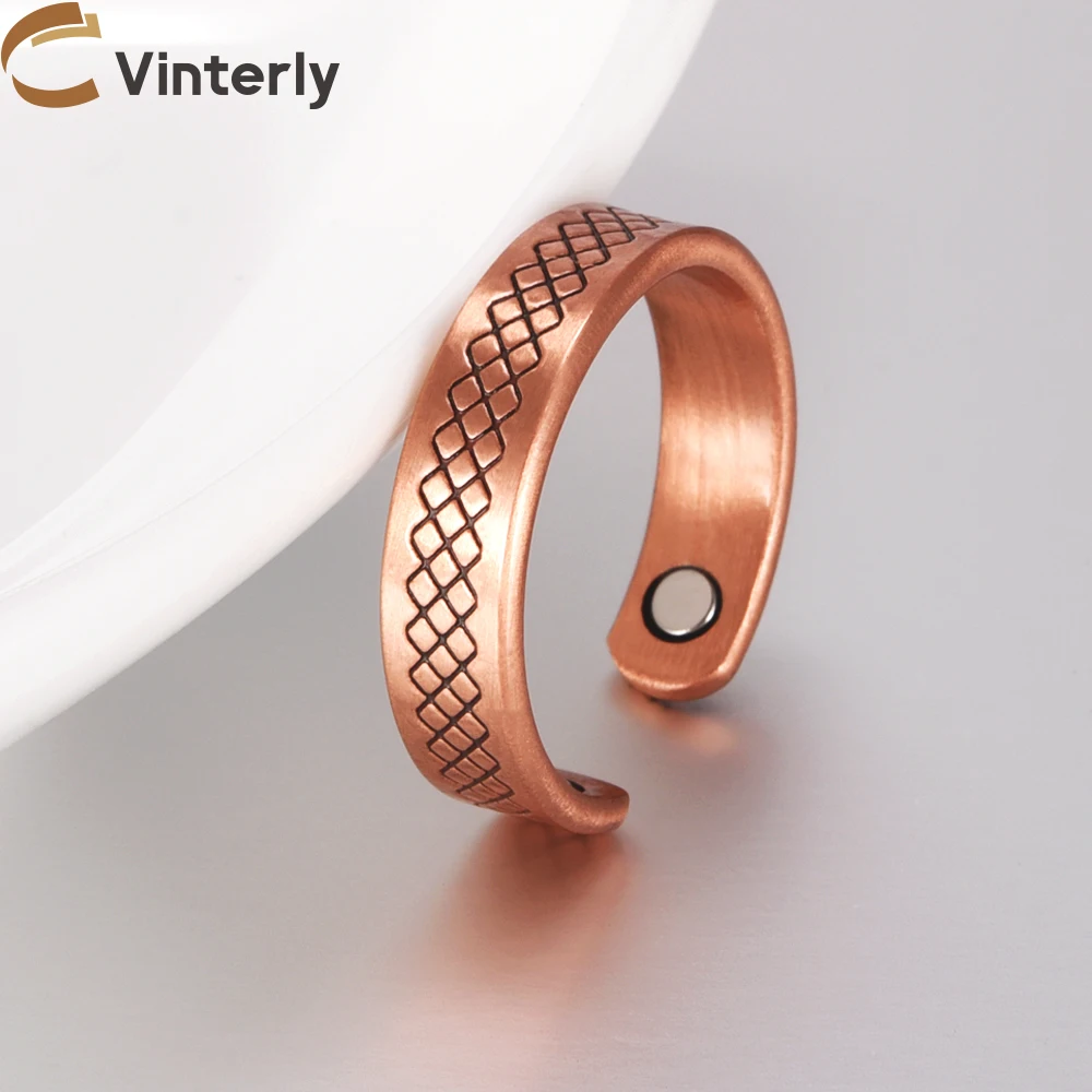 Vinterly Pure Copper Rings Men Women Magnetic 6mm Adjustable Open Cuff Finger High Magnets Health Energy Resizable Jewelry