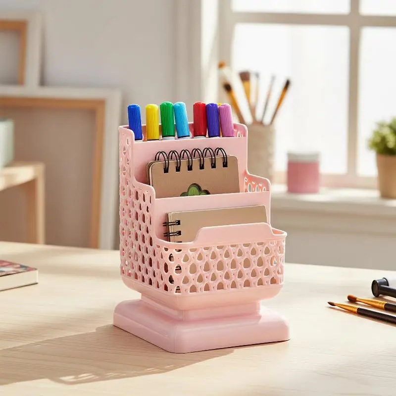 Desktop Stationery Storage Organizer Multi Compartment PP Plastic Hollow Pen Holder with Phone Stand Slot for Work Desk