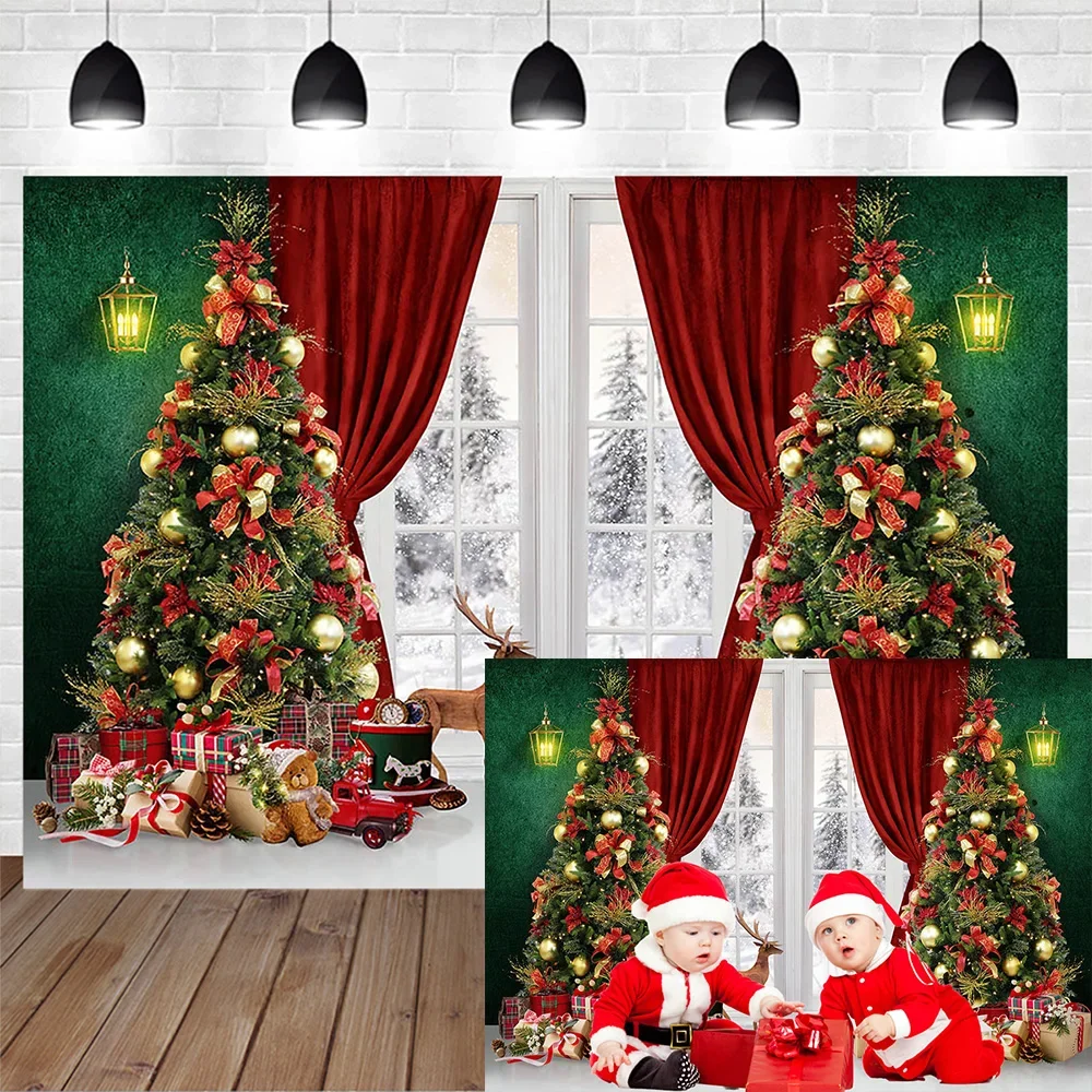 

Christmas Backdrop for Photography New Year Interior Poster Xmas Tree Red Curtain Green Retro Background Baby Portrait Studio