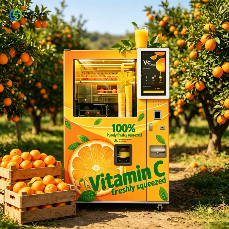 Fresh Orange Juice Vending Machine, Eye-Catching Orange-Yellow Juicer with Green Wellness Badge, Vibrant for Organic Market