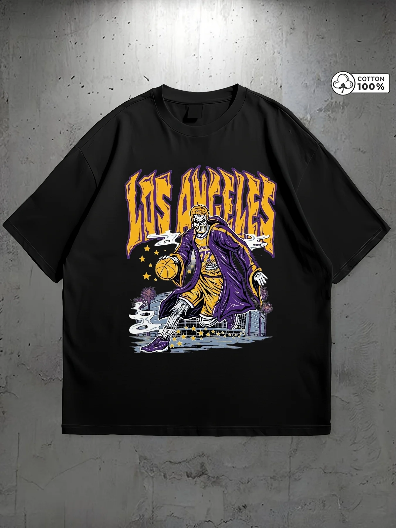 Men'S And Women'S Los Angeles Basketball Skeleton Text Print Unisex 100% T-Shirt, Soft Casual Tee, All-Season Streetwear, Daily Wear Gift