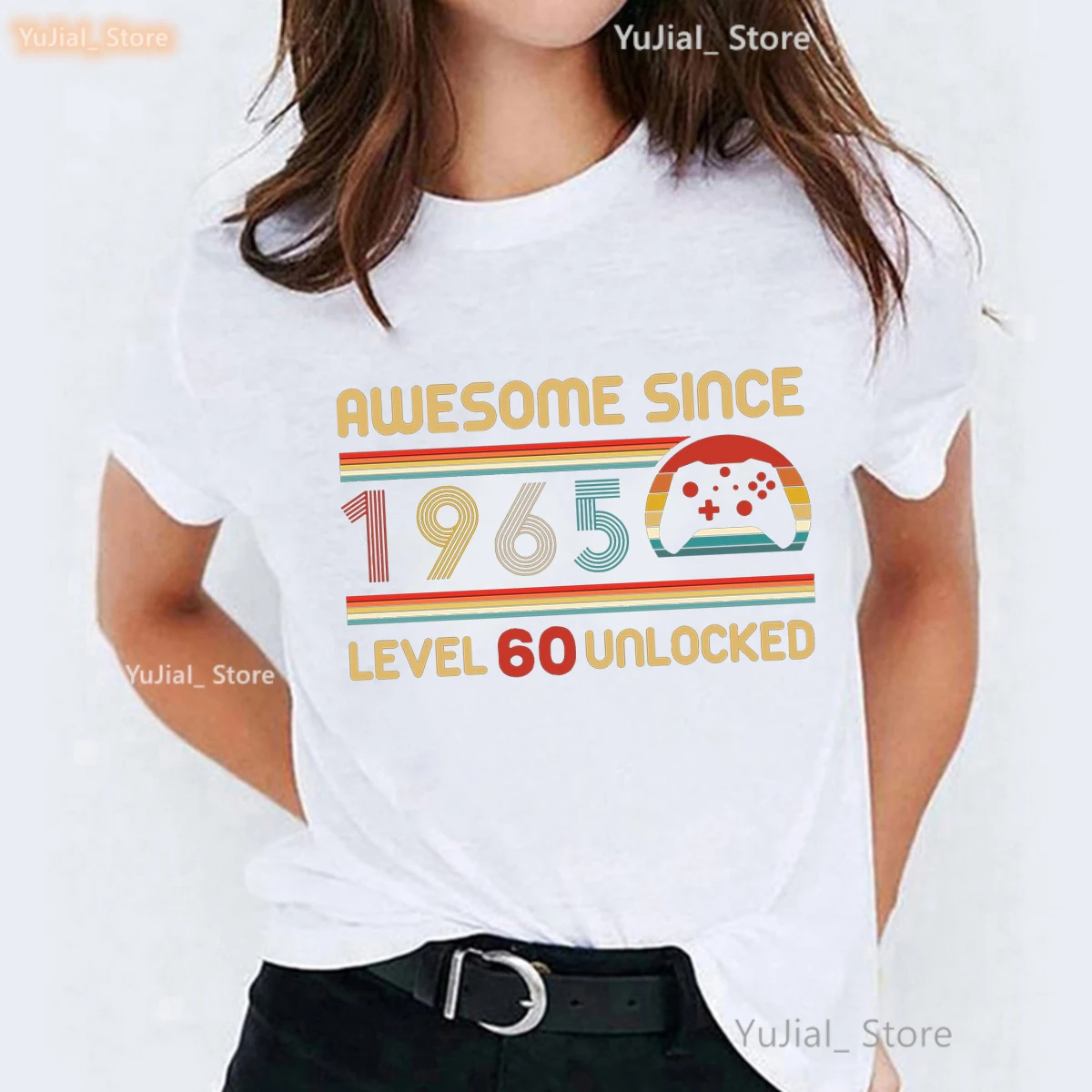 Awesome Since 1965 Level 60 Unlocked Graphic Printed Tshirt Women Birthday Gift Party T Shirt Femme Summer Tops T-Shirt Female