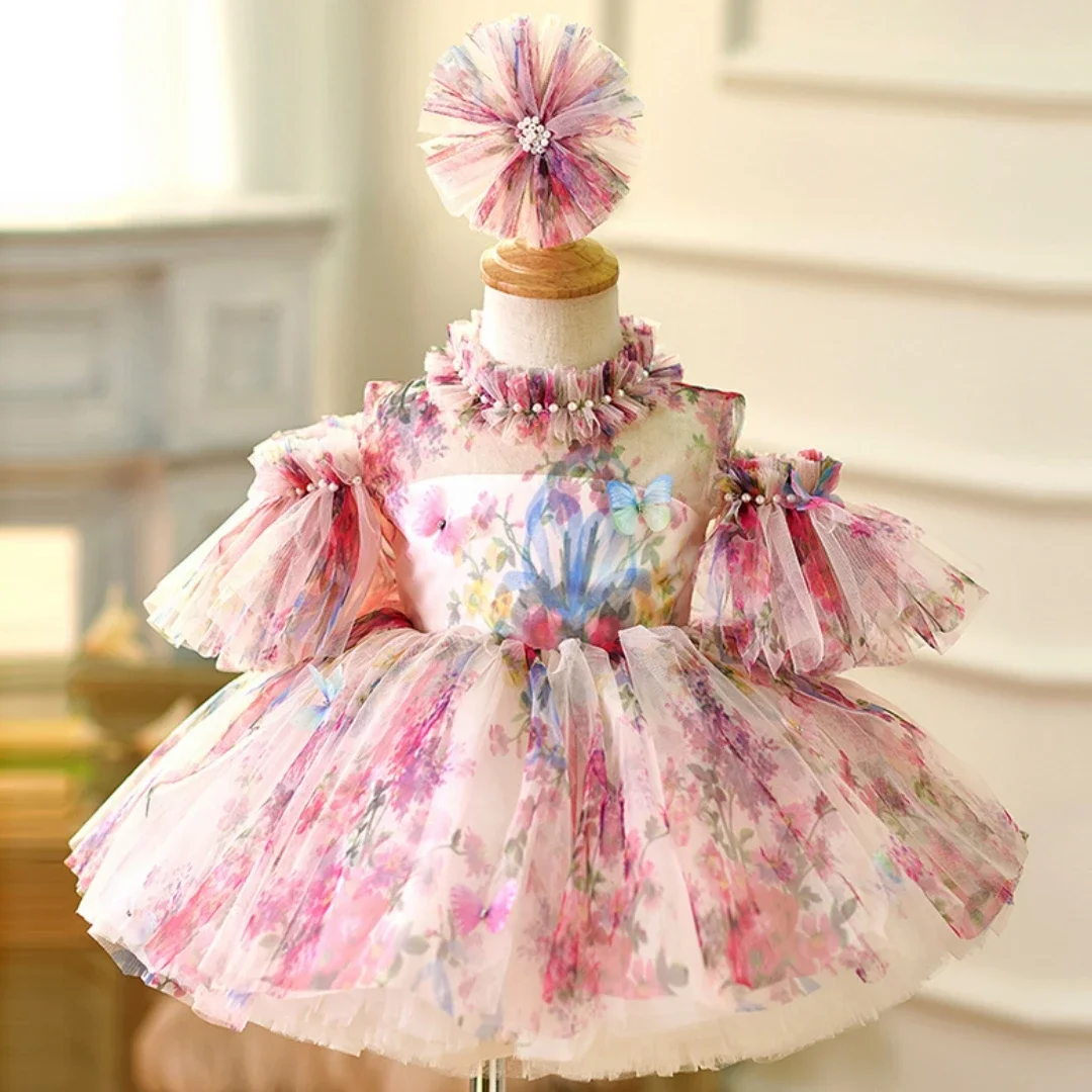 

Custom Flower Girl Dress Wedding Gown Birthday Party Pageant Floral Print Off Shoulder Tulle Baby Dress فساتين اطفال