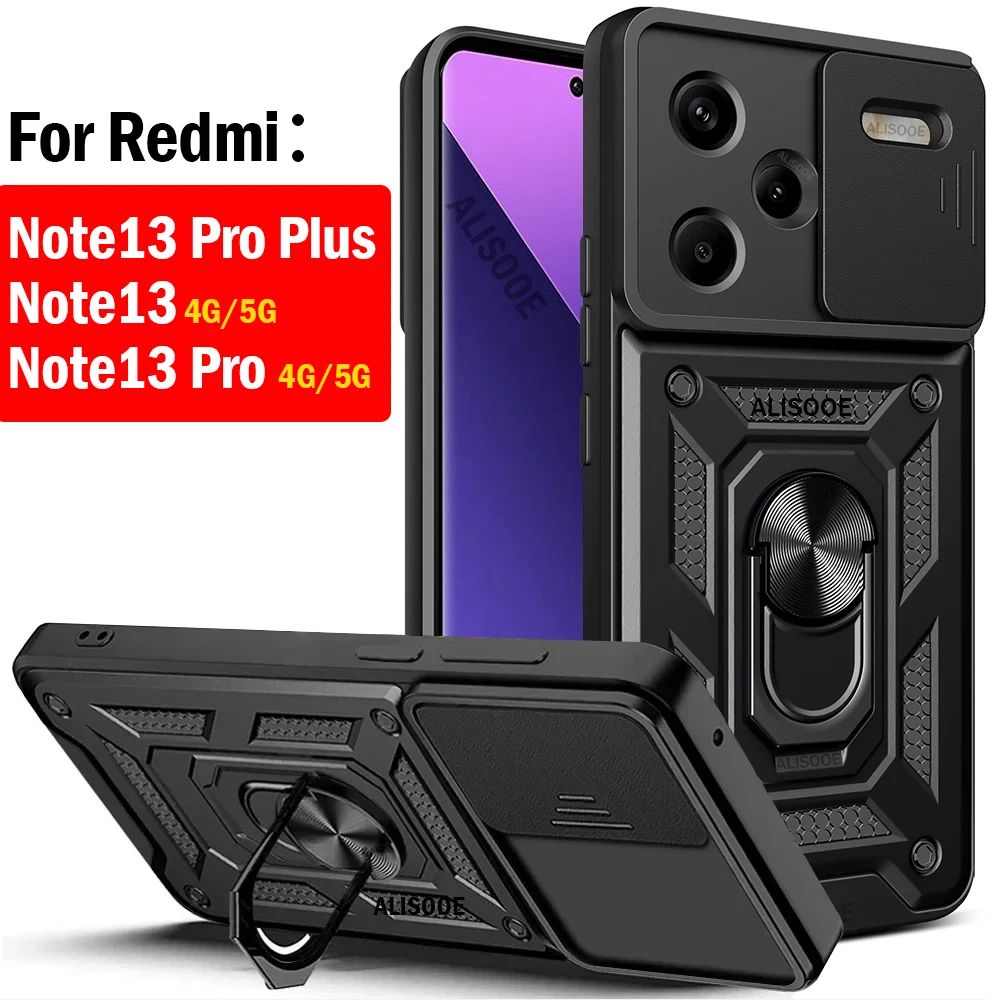 Slide Camera Funda for Redmi Note 13 Pro Plus Case for Xiaomi Redmi Note 13 Pro Capa Rotatable Ring Stand Shockproof Cover