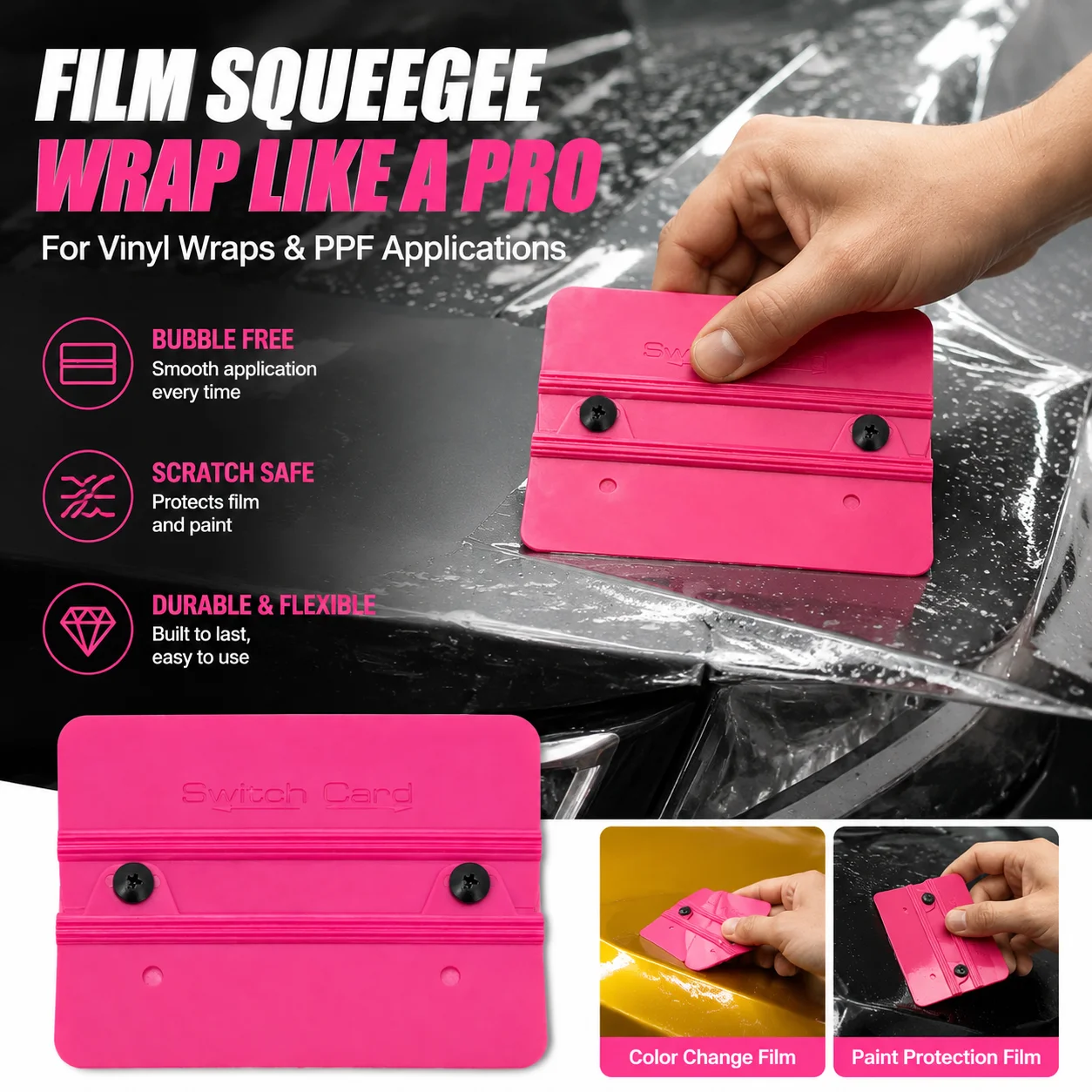Car Vinyl Wrap Squeegee Tool Pink Switch Card PPF Film Applicator Bubble Remover Water Scraper Window Tint Installation Tool