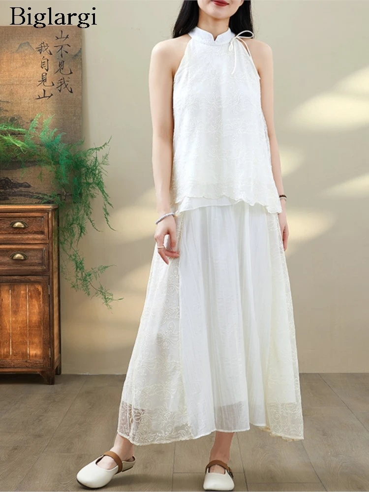 

Oversized Chinese Style Summer 2 Two Piece Set Women Embroidery Fashion Ladies Sleeveless Tops Ruffle Loose A-Line Woman Skirts