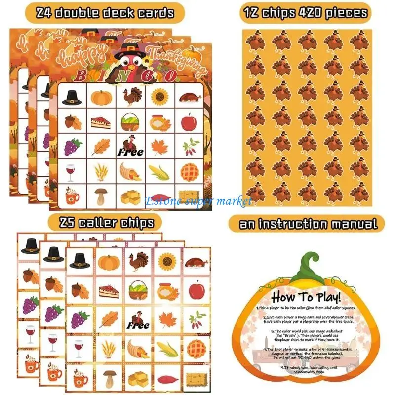 090B Thanksgiving Themed Bingo Card Set Board Game Playing Card Entertainment Toy for Children and Classroom Event