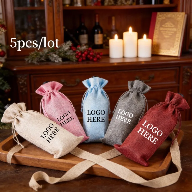 Custom Logo 5pcs/set Red Wine Burlap Party Decoration Wedding Gift Champagne Pouch Wine Bags Wine Bottle Covers Packaging Bag