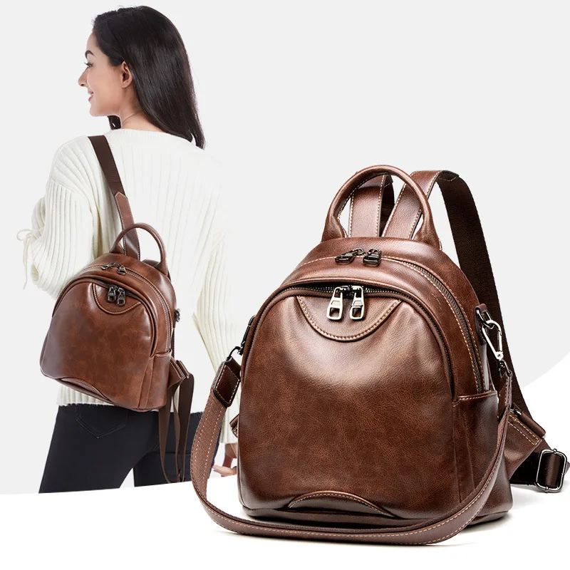 Vintage Oil Wax Leather Mini Backpack Women Multifunctional Hand Bag Casual Commute Convertible Shoulder Crossbody Purse