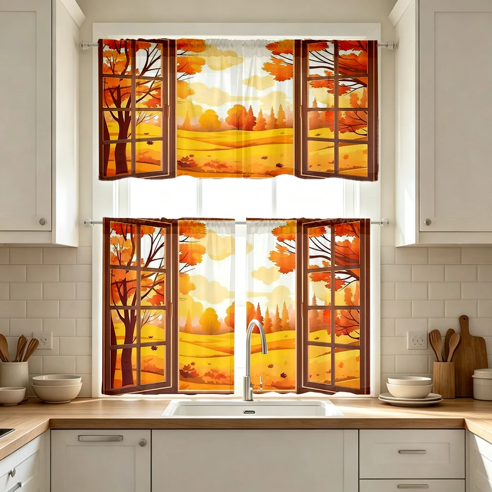 Fall Kitchen Curtains, Window Autumn Tree View Fall, Digital Print, Kitchen Dining Room, Rod Pocket Polyester, Home Decor
