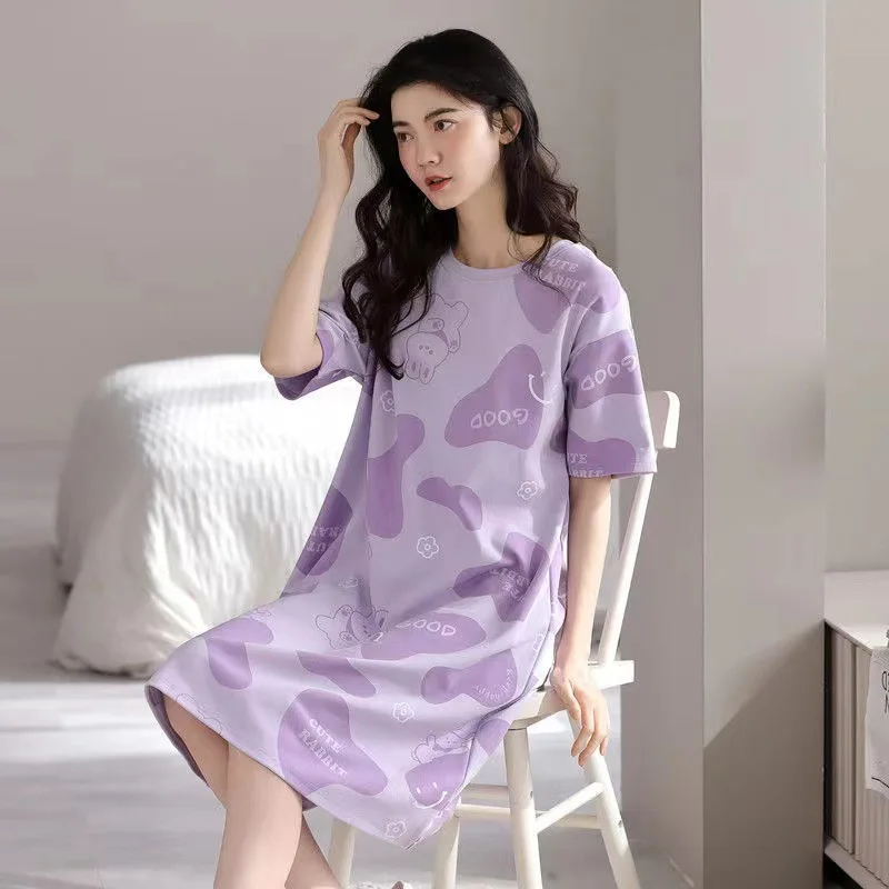 Summer Ladies Pyjamas Imitation Cotton Cute Short-Sleeved Nightgown Cartoon Large Size Nightgown Summer Thin Long Skirt Homewear