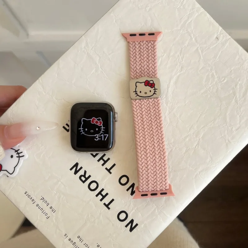 산리오 헬로 키티 애플 워치 밴드용 마그네틱 스트랩, 아이워치 시리즈 울트라 9 용 나일론 직조 스포츠 팔찌, 45mm, 38mm, 49mm, 40mm