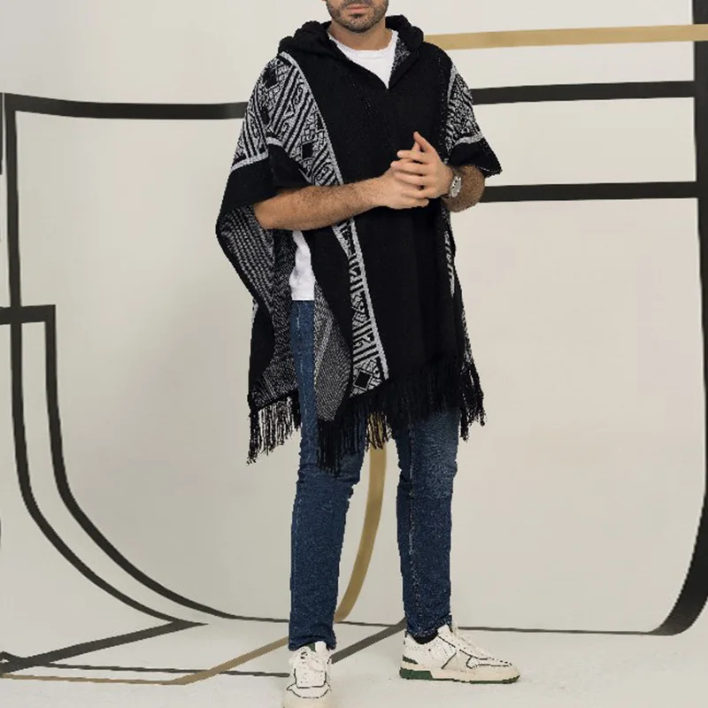2026 Spring Summer New Men Fashion Desin Hooded Cloak Integrated Coat Tassel Edge Cape Knitted Outerwear