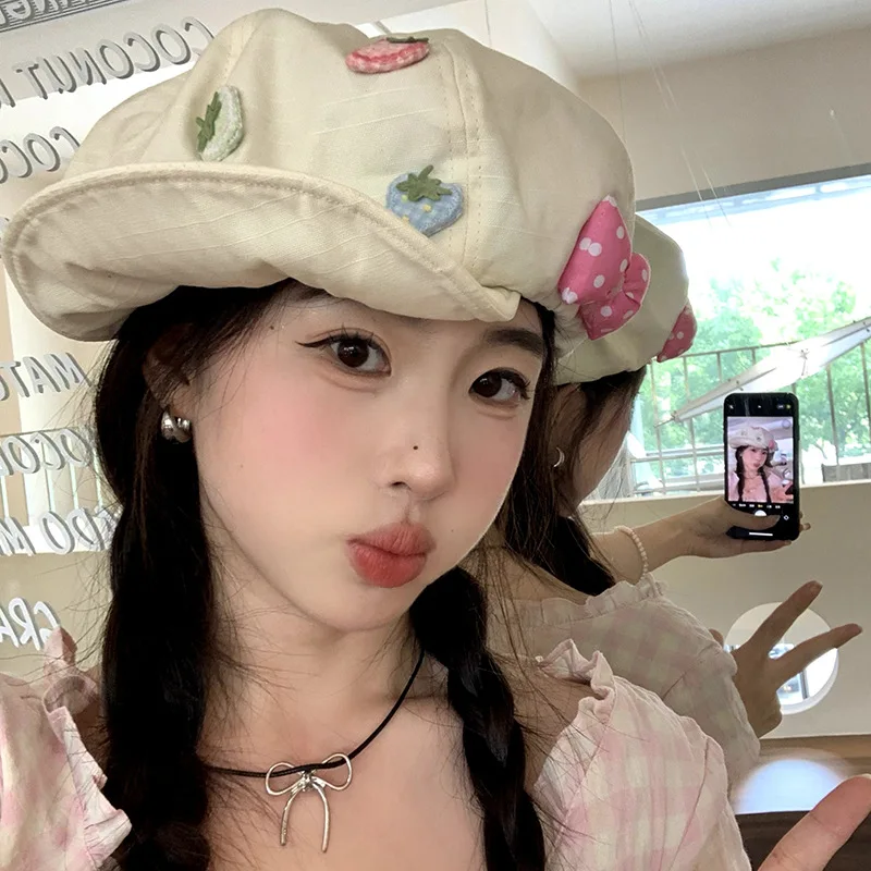 Plush Buttons Berets for Women Girls Cotton Linen Cloud Hat Korean Y2K Bow Strawberry Painter Cap Fashion Vintage Octagonal Hats