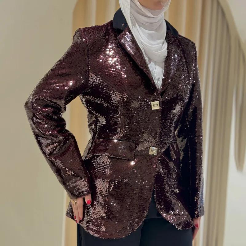 KWTX dames effen paillettenblazer SS25 retro trendy streetwear gekerfde revers taille-klinkende mode van hoge kwaliteit