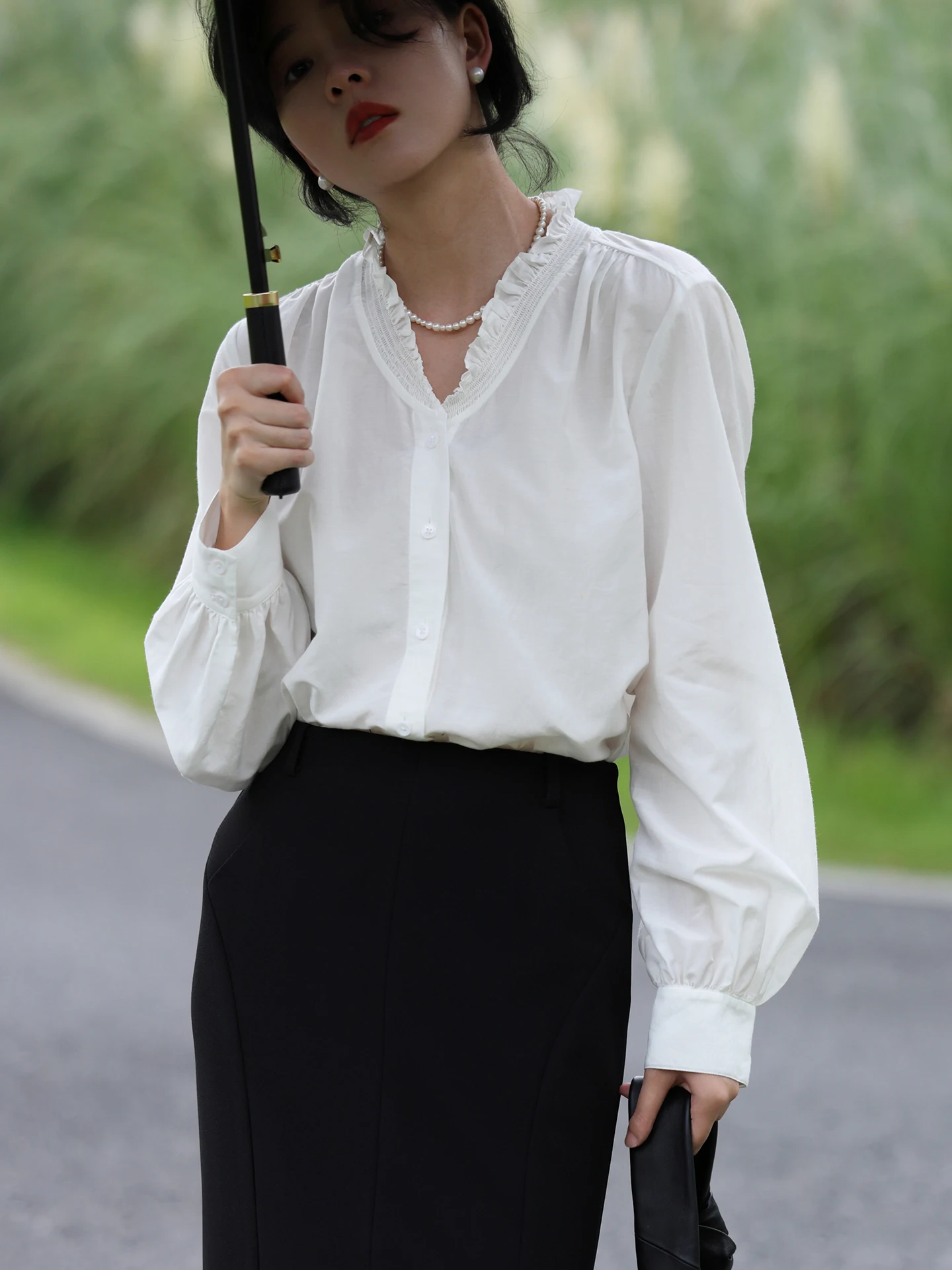 

Женская свободная блузка WeTHEE из шелкового хлопка с кружевной отделкой, V-образным вырезом и длинными рукавами, для ранней весны, в стиле ретро, для повседневной носки