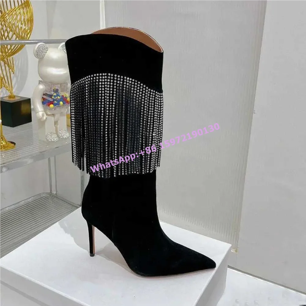 

Fringe Crystal Boots Pointy Toe Thin High Heels Large Size Luxury Long Boots Women's Winter Runway Black Fashion Sexy Shoes 2024