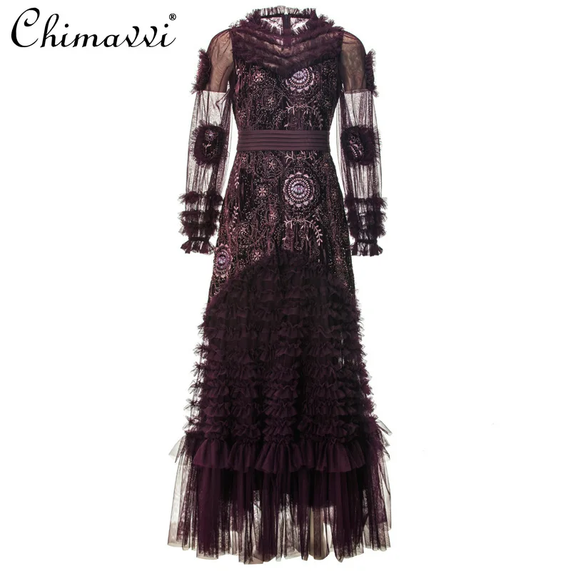 

Heavy Beaded Sequin Embroidery Princess Velvet Patchwork Long Dress Autumn New Fashion Round Neck Long Sleeve Elegant Dress