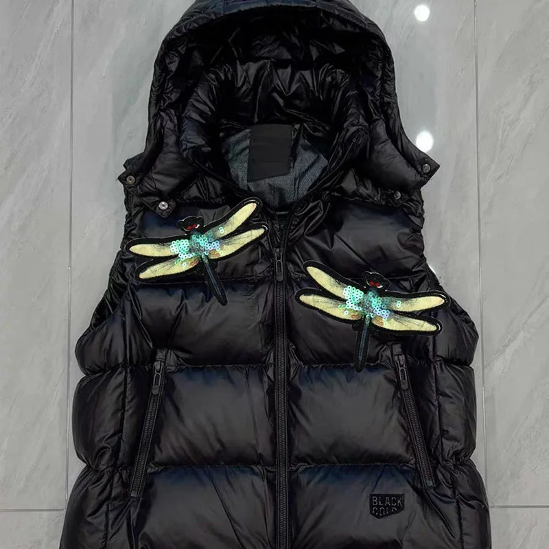 Dragonfly sequin decoration black gold hooded down vest autumn and winter new shiny design sense thick short jacket