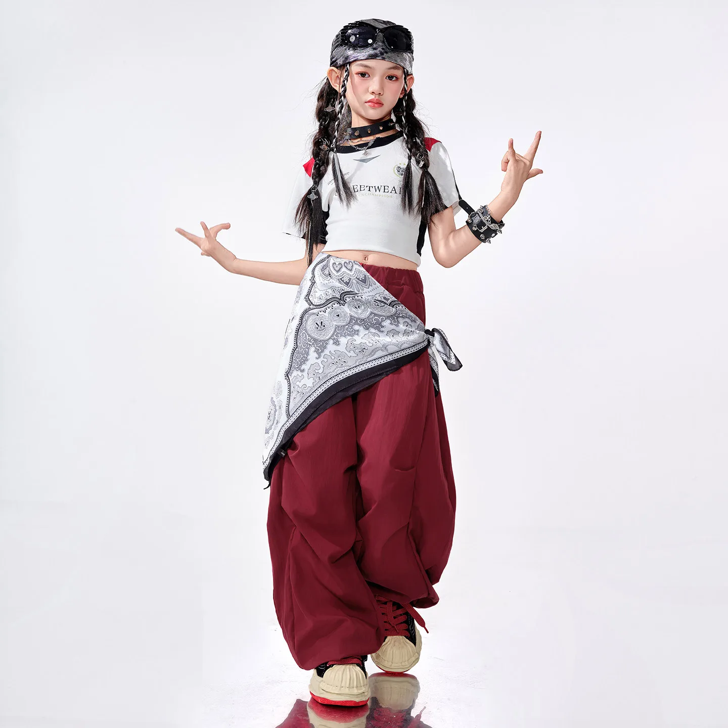 女の子ヒップホップ服クロップメッシュカーゴジョガーパンツキッズK-POPルーズパンツストリートダンス服セット子供ガールズグループコスチューム