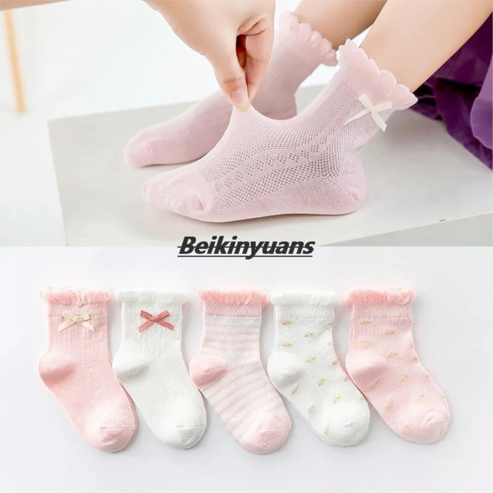 Summer new thin Baby socks princess plain coloured floral cotton mesh bow socks toddler girl cuhk short sock