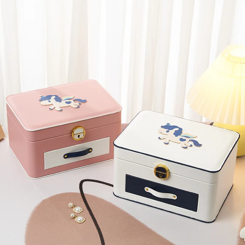 Caja de almacenamiento de joyas de cuero multicapa de dibujos animados con cerradura, organizador de accesorios de poni de gran capacidad