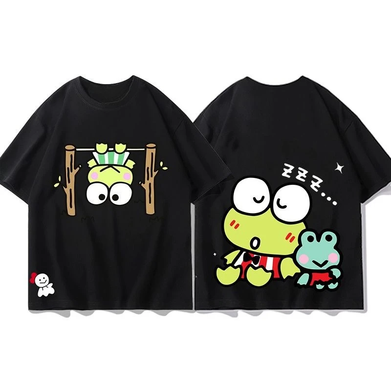 جديد Keroppi الكرتون تي شيرت أبيض الصيف سانريو المرأة حجم كبير القطن الخالص تي شيرت Y2K فضفاض عادية كم قصير #1