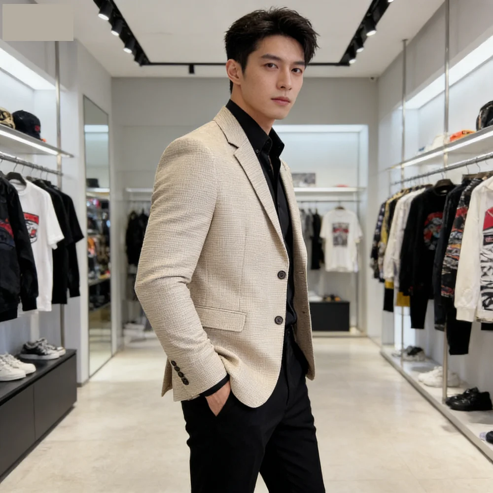 

Men's Brilliante Silk Mil Bird Grid Terno Jacket Korean Style Business Fashion Slim Fit Unique Breasted Masculino Party Social