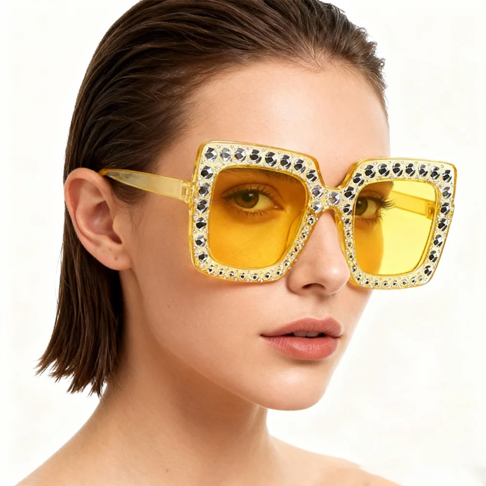 PESENAR Óculos de sol quadrados com strass amarelo para festa de fantasia de discoteca dos anos 70, acessório para eventos temáticos retrô