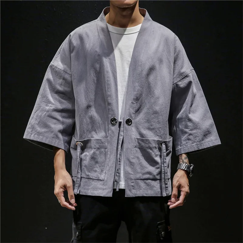 Camisas de linho tradicionais masculinas, cardigã de quimono japonês, traje samurai monocromático, streetwear masculino, Yukata Haori, camisas básicas, moda