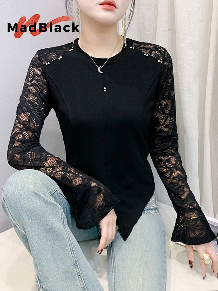 

MadBlack-Women European T-Shirt, Sexy O Neck Lace Beading Patchwork, Streetwear Long Sleeve Slim S-3XL Tee, 2025 Autumn T59108CC