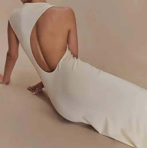 Verão feminino elegante, elegante, de alta qualidade textura sem costas cintura pacote hip vestido cor sólida inclinação pescoço vestido de emagrecimento