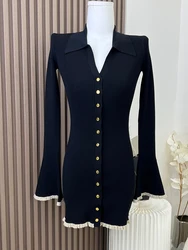 Autumn Winter French Vintage Knit Long Sleeve V-Neck Dress Women 2000s Evening Frocks One-Piece Party Old Money Coquette Gyaru