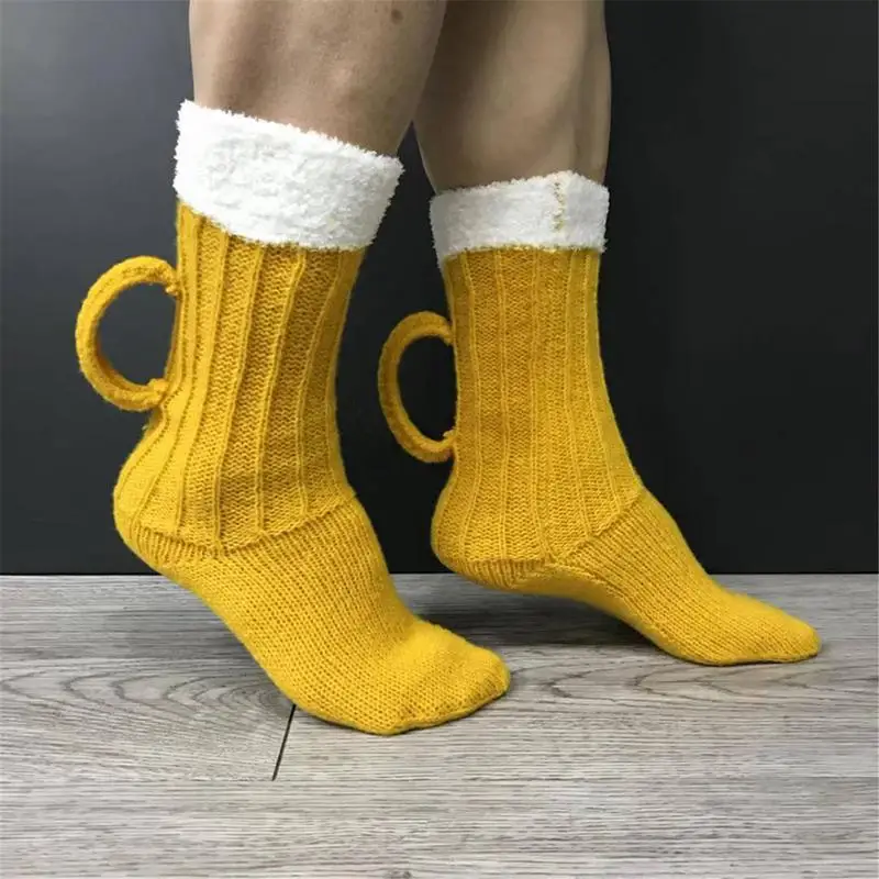 3D Beer Mug Knitted Socks Men's Padded Warm Mid-Calf Socks Women Winter Soft Funny Sleep Floor Socks Woolen Socks Christmas Gift