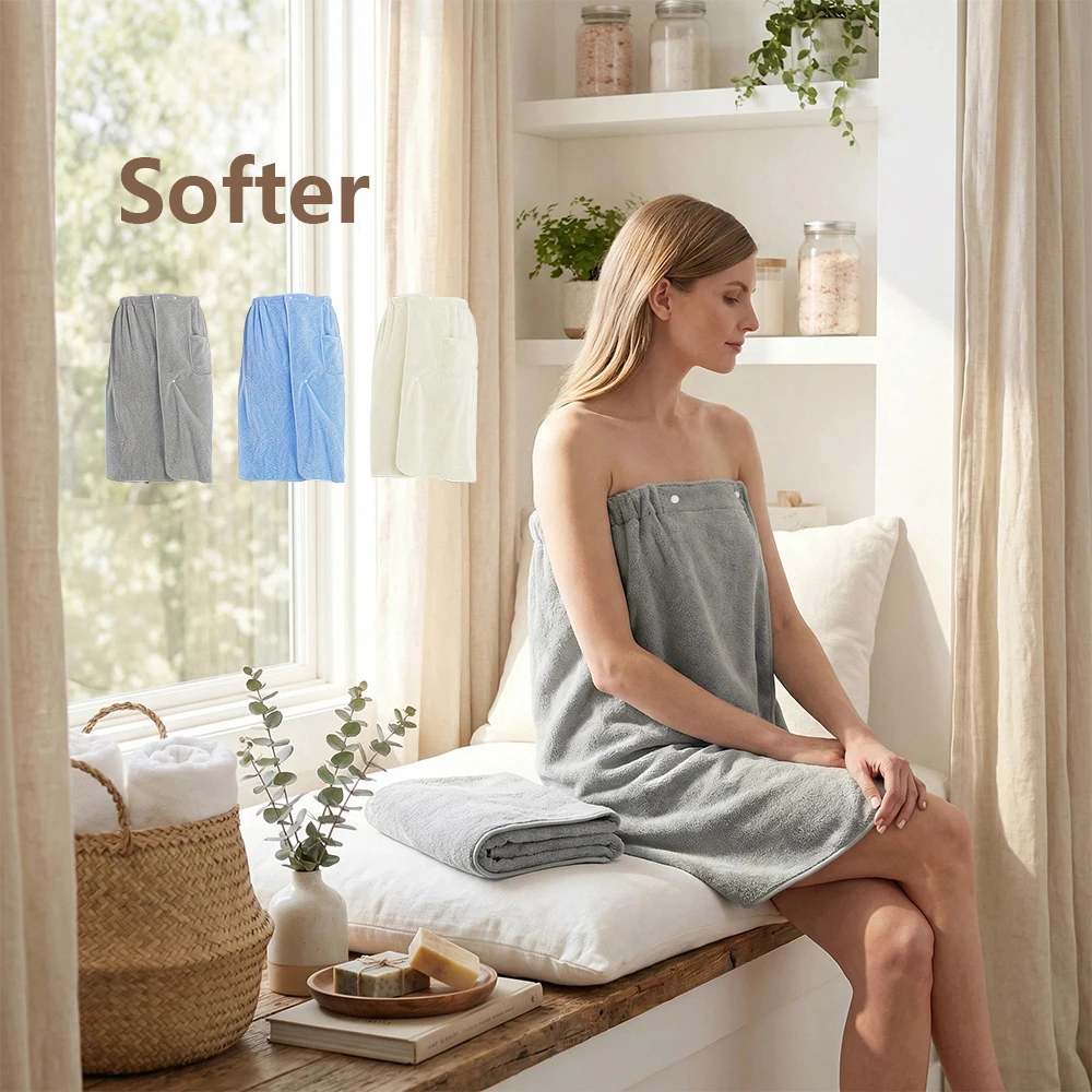 Women's Bath Skirt Microfiber Bath Wrap Towel – Quick Dry Shower Robe with Elastic Band, Convenient Pocket, Spa & Bathroom Use
