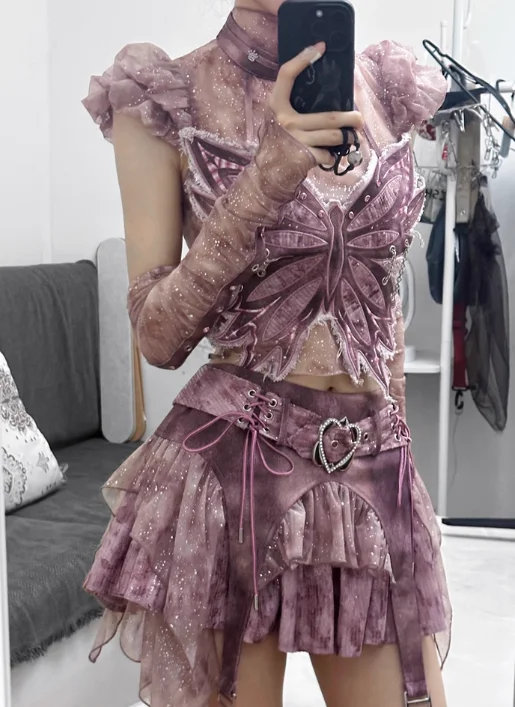 

Y2K Hot Girl Punk Style Personality Sweet Cool Banged Nails Butterfly Tube Tops Mesh Bottoming Shirts Pink Two Piece Sets Women