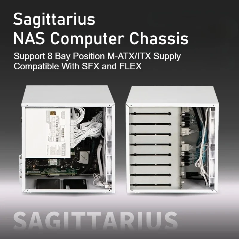 Sagittarius 8-bay NAS Computer Chassis with ATX Power Supply, MATX Motherboard, Full-height PCIE, 21.8L