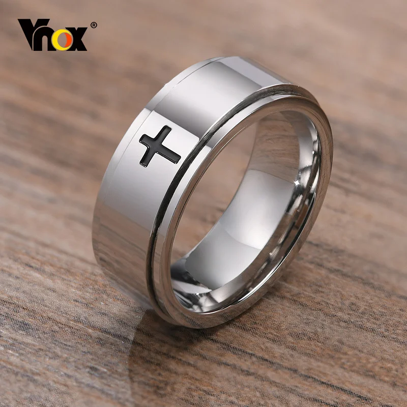 Vnox Spinner Cross Ring for Men, Black Stainless Steel Rotatable Stress Release Finger Band, Boy Christ Jesus Religion Ring