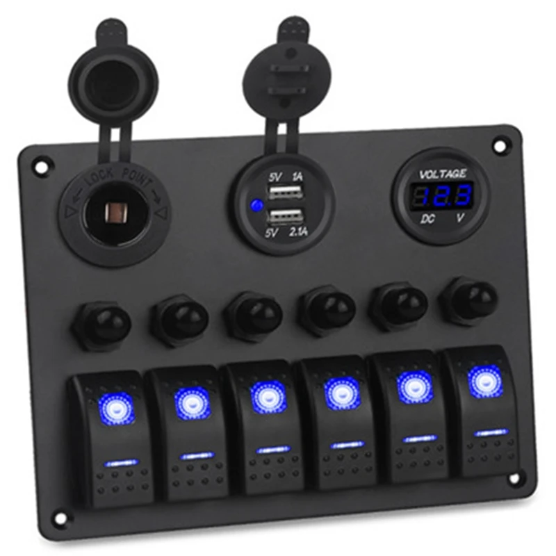 

6 Gang Rocker Switch Panel Aluminum Panel Dual USB Ports Interior Accessories DC 12V/24V Digital Voltmeter Waterproof