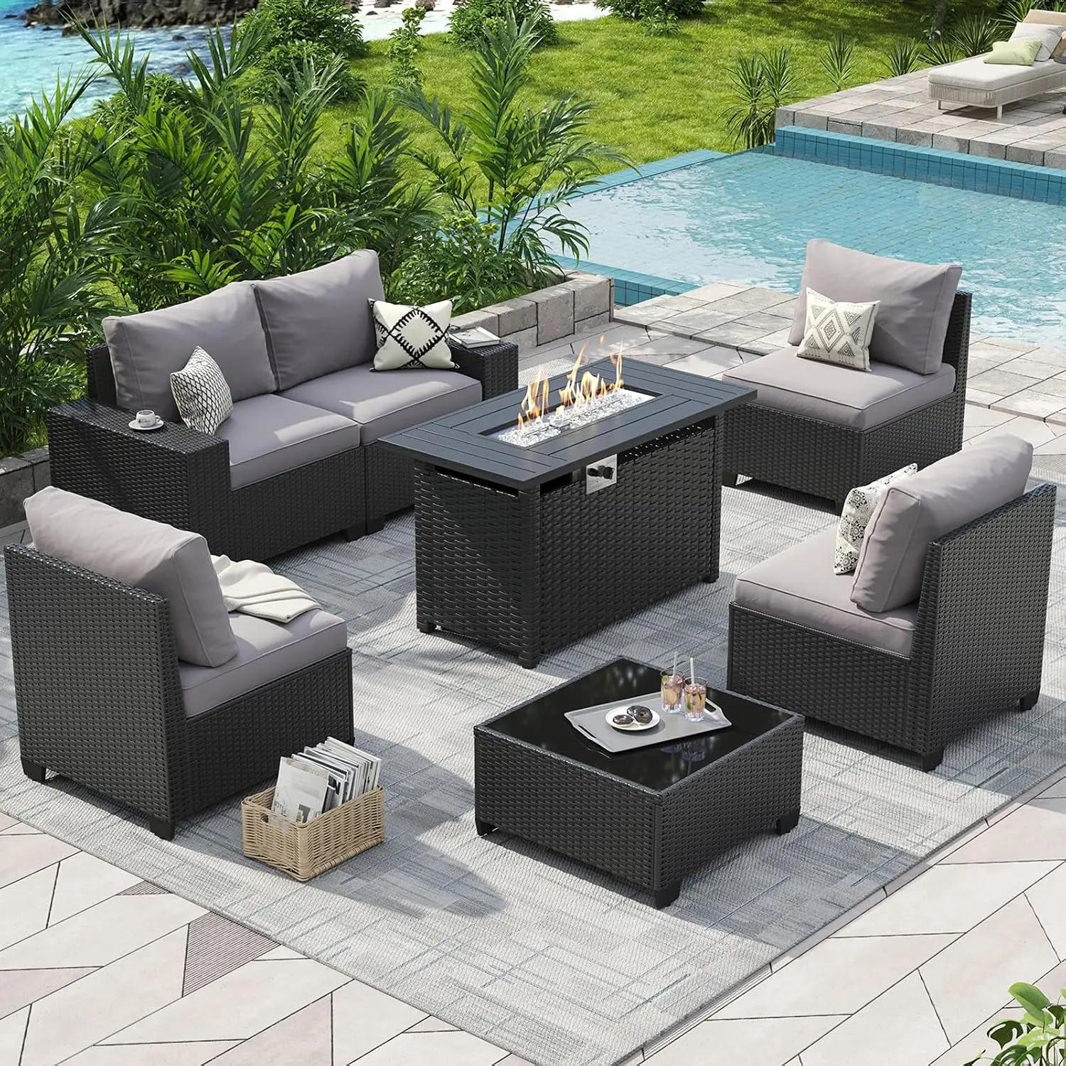 Outdoor Patio Furniture Set 44'' Fire Pit Table 7 Pcs Sectional 4in Cushion Widen Armrests Wicker Backyard Grey, Customized