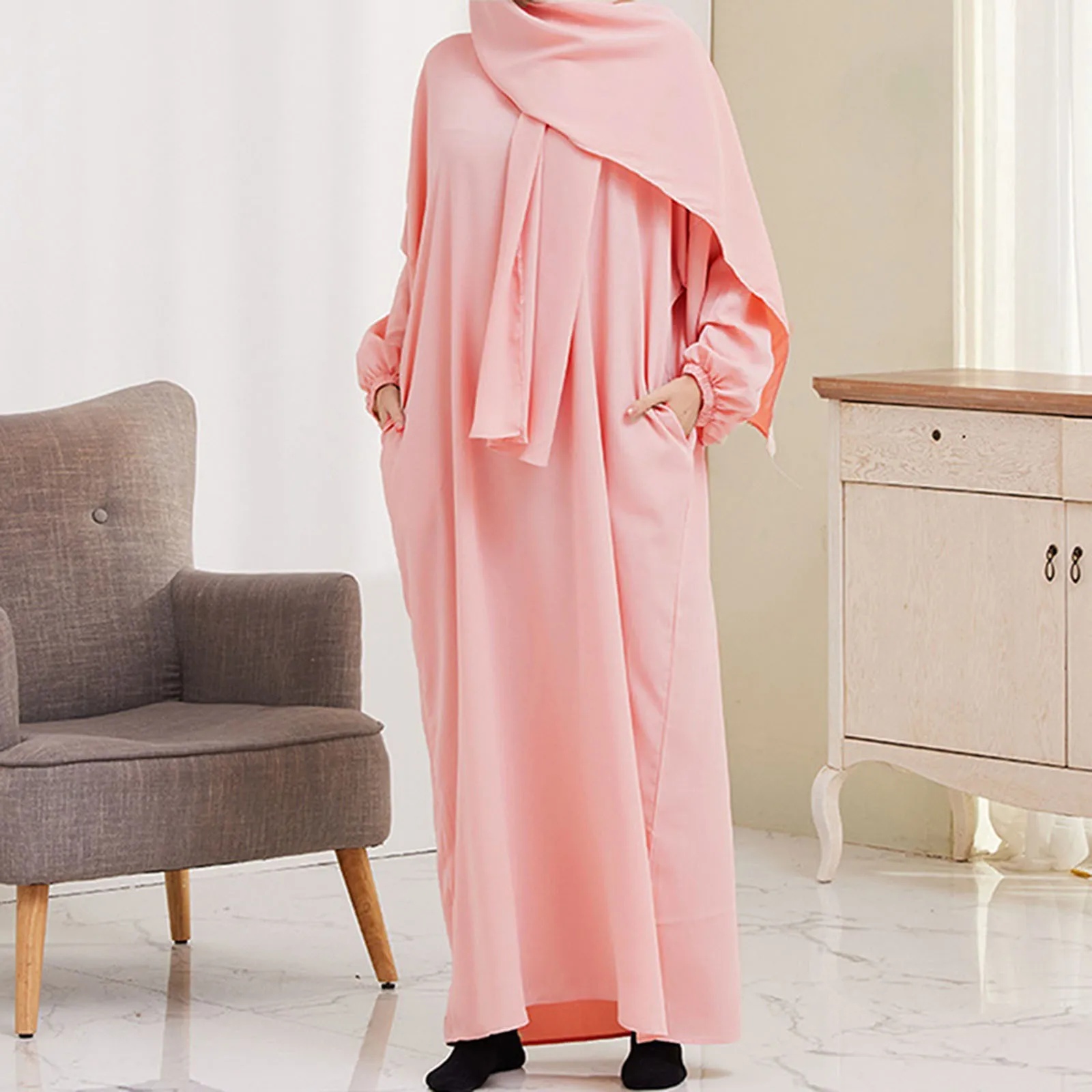 2 Piece Set for Muslim Women Kimono Sleeve Cardigan Abaya With Inner Dress Matching Outfit Dubai Turkey Gown Female Vestidos