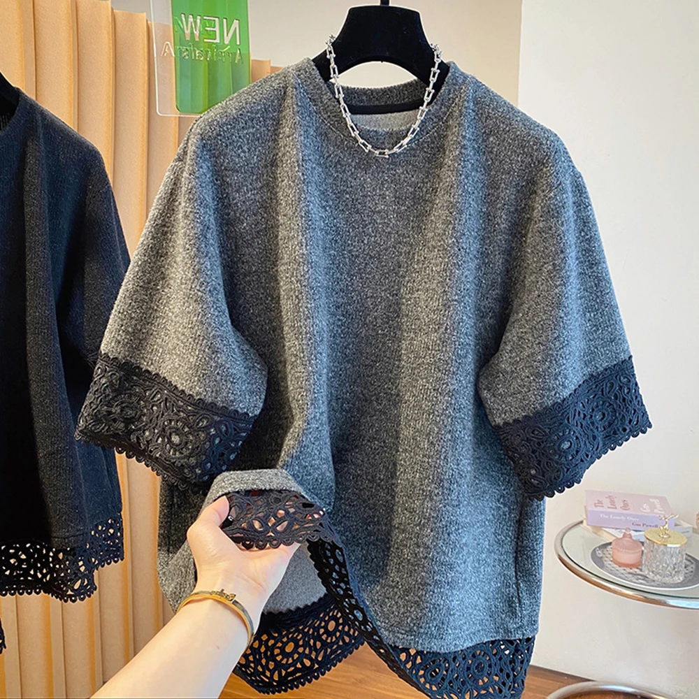Lace Trim On Cuffs Short Sleeve T-shirt Women's 2026 Spring Summer New Plus Size Loose Underwear Tops Female Casual Blouse