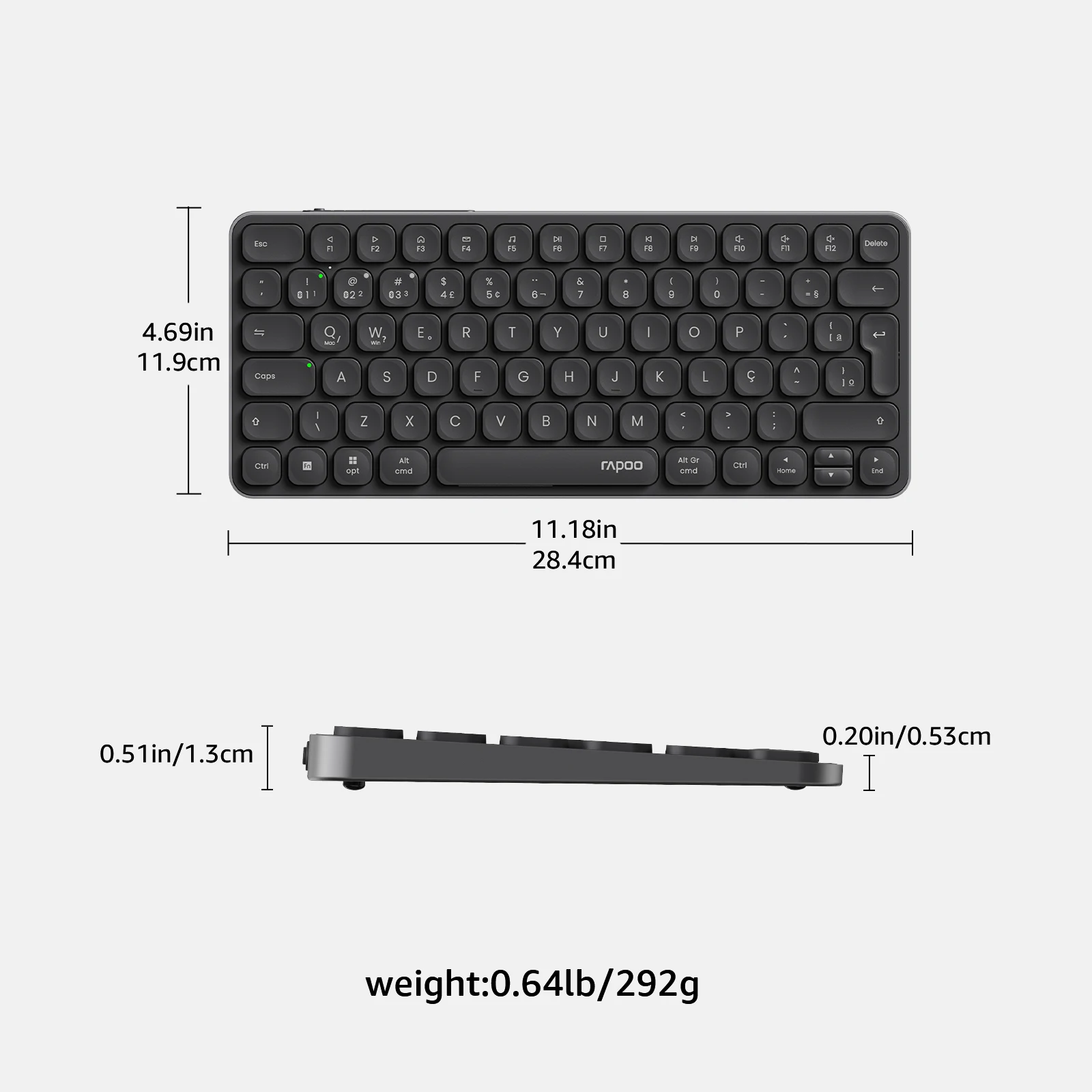 Rapoo E9050L/9010M ABNT2 Portuguese Brazil Multi-Device Bluetooth Wireless Keyboard Black Color with Multimedia Key