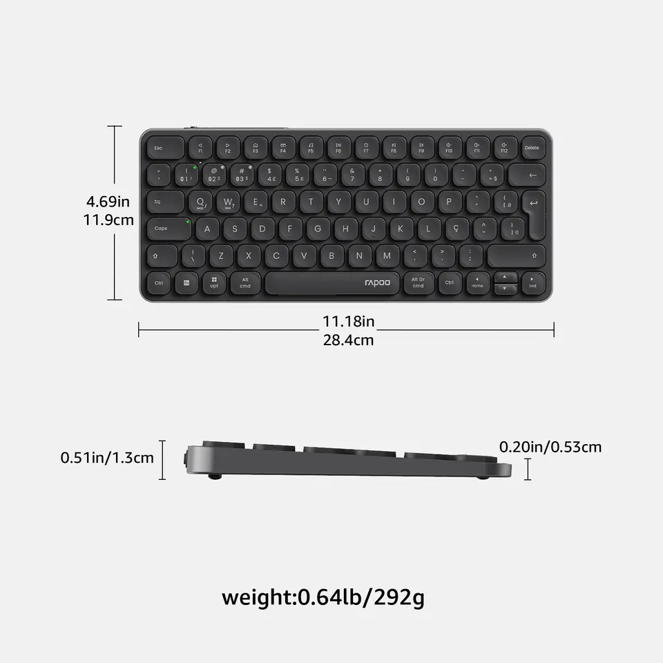 Rapoo E9050L/9010M ABNT2 Portuguese Brazil Multi-Device Bluetooth Wireless Keyboard Black Color with Multimedia Key - 5