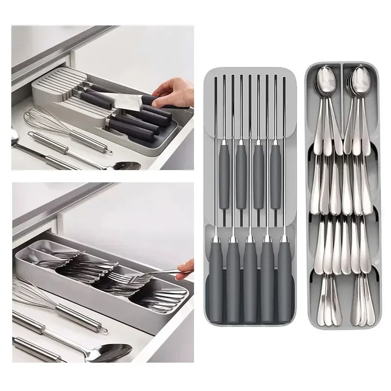 

Cutlery Storage Box Plastic Knife Block Holder Drawer Knives Fork Spoons Storage Rack Knife Stand Cabinet Tray Kitchen Organizer