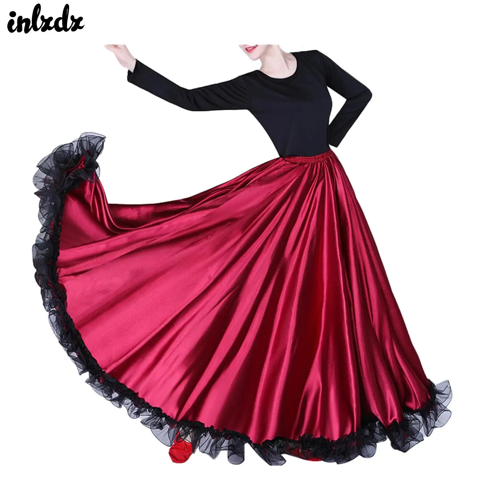 Vrouwen Spaanse Flamenco Bull Dance Rok Buikdans Rok Ruches Zoom Grote Swing Satijn Maxi Rok Professionele Danskostuums
