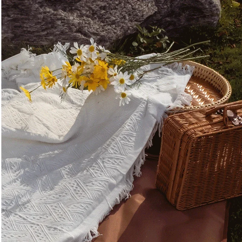 الشمال أريكة قطن رمي البطانيات في الهواء الطلق التخييم نزهة بطانية كبيرة الترفيه الاسترخاء منشفة الشاطئ الأبيض السفر البساط شرابات الكتان #3