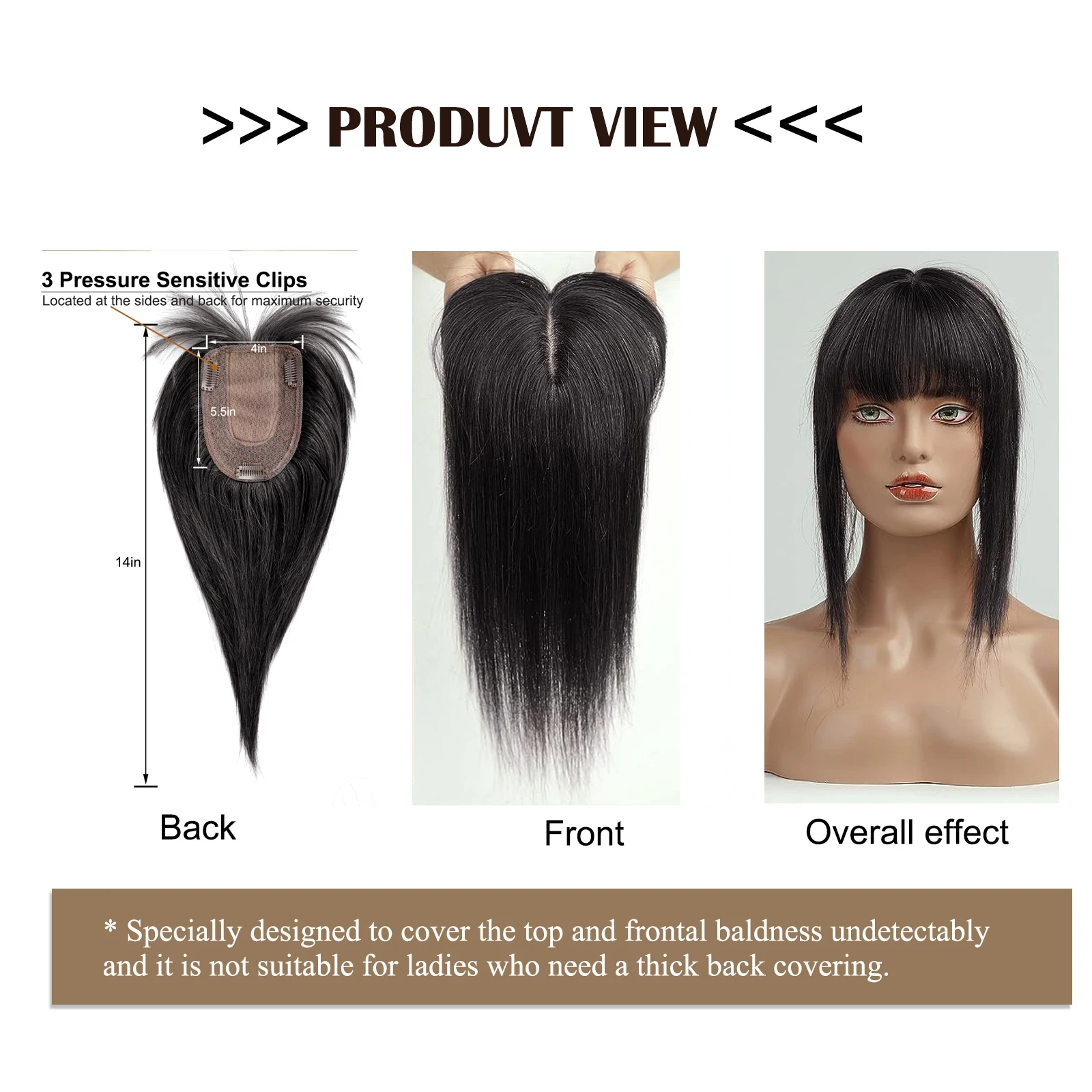 100% Remy Human Hair Toppers with Bangs Dark Black Hair Pieces for Women Silk Base Clip In Topper for Thinning Hair Loss Cover