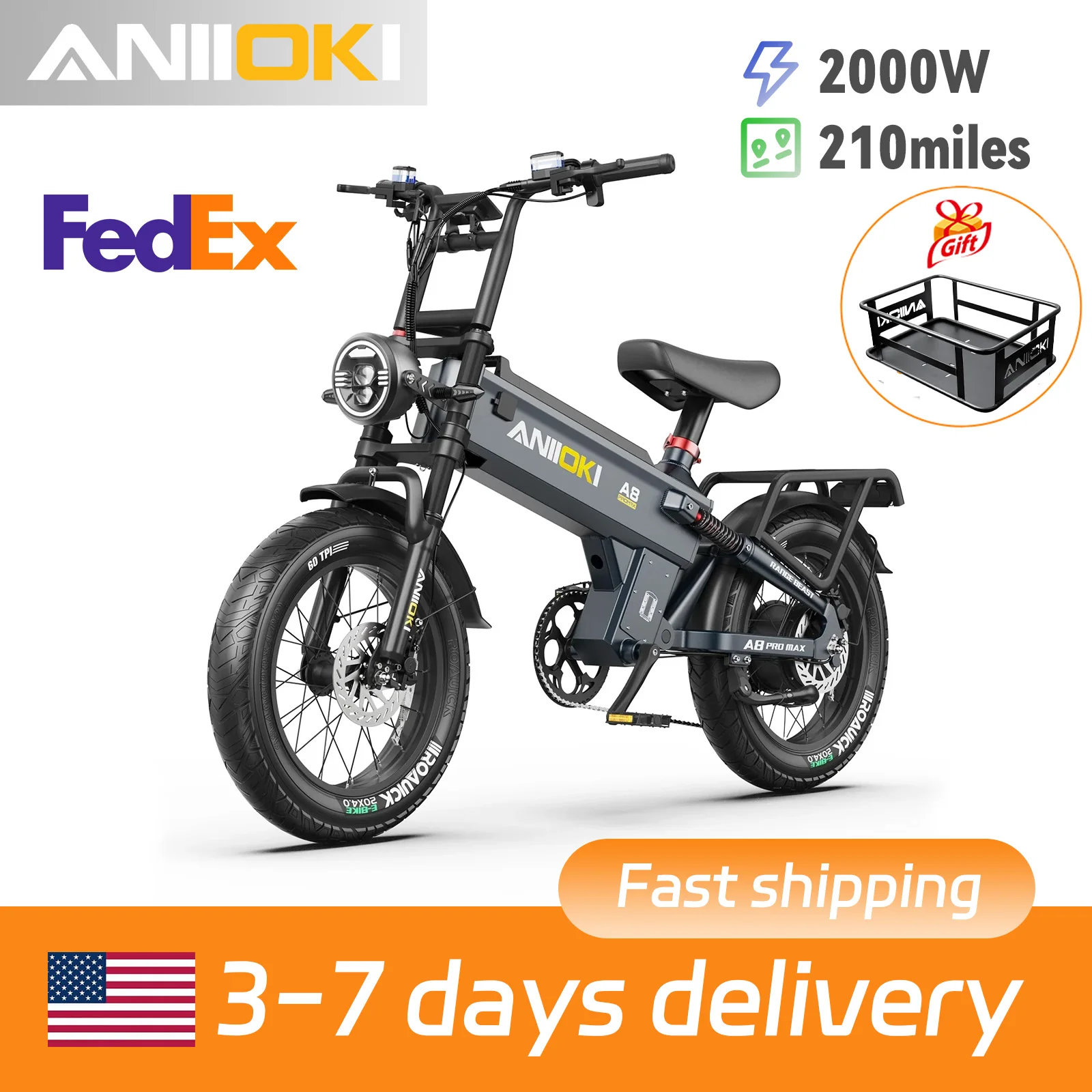 

2000W Peak Motor aniioki ebike 52V 70Ah battery Electric Bike 32mph 20"*4" Fat Tires Long battery life Adult Electric Bicycle