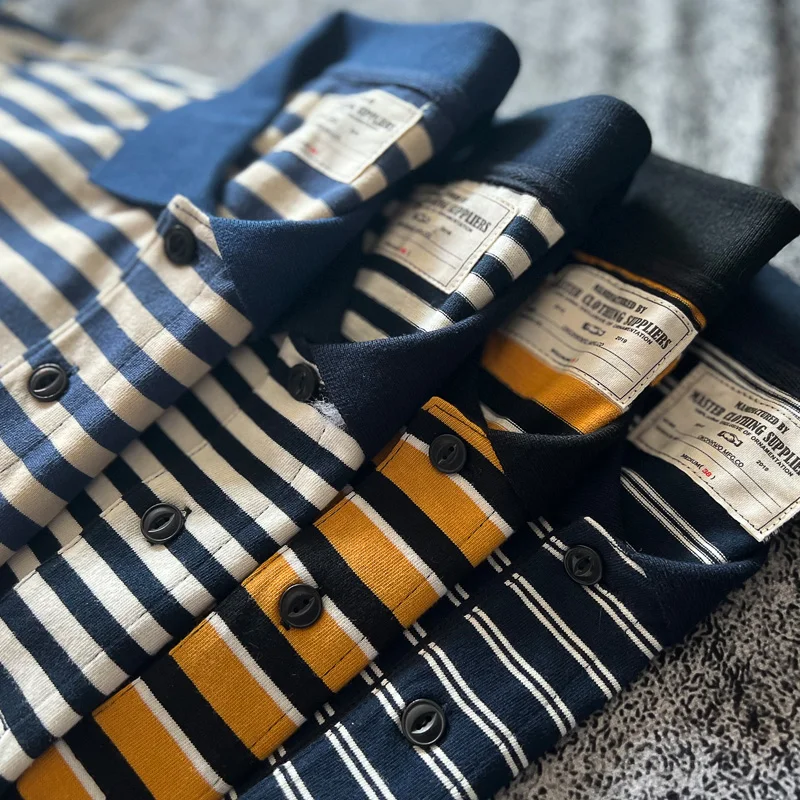 Camiseta de algodón casual de 240 g para hombre, estilo retro marinero americano, a rayas, de manga corta, con cuello vuelto, Sea Soul